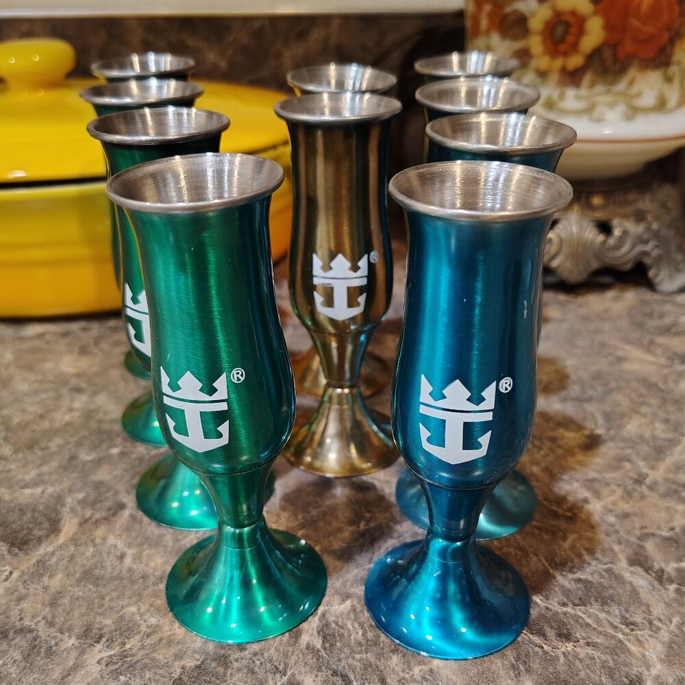 Royal Caribbean Cruise Lines Metal Footed Souvenir Shot Glasses Set of Ten